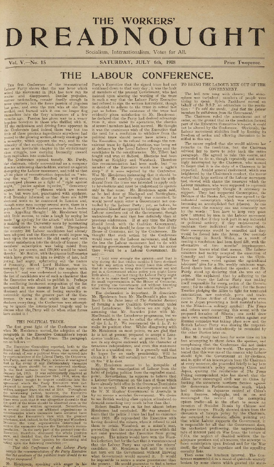 The Workers' Dreadnought (Vol. 5 No. 15 6 July 1918)