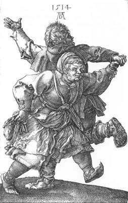 Durer engraving of peasant couple dancing, 1514.