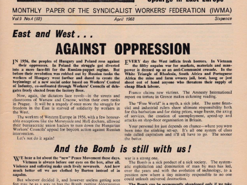 Headlines "East and West - Against Oppression", "And the Bomb is still with us!"