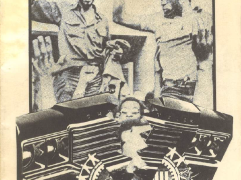 Collage of photo of black car factory workers and the front of a Chrysler car which has been snipped in two