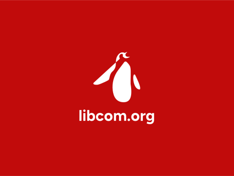 silhouette of a penguin in white, on a red background, libcom.org underneath