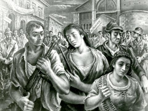 A painting by Harry A. Davis Jr. depicting partisan columns marching thourgh Bologna upon the city's liberation