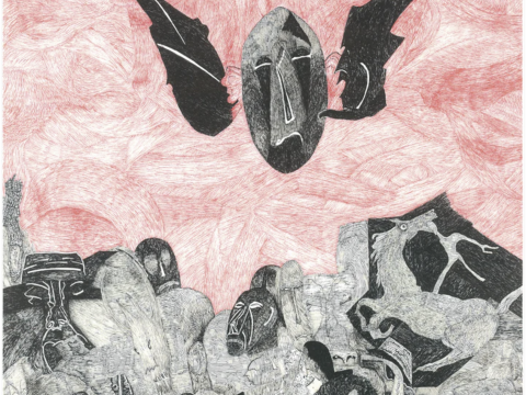 An Abstract image that looks like a pencil sketch shows a winged orb figure descending into a morass of hooded and masked figures gasping for air in a sea of molasses like liquid or webbing. The top background is red pencil while the lower half is grey pencil color.  The winged orb also looks like an SnM mask as do some of the masks on the figures below.