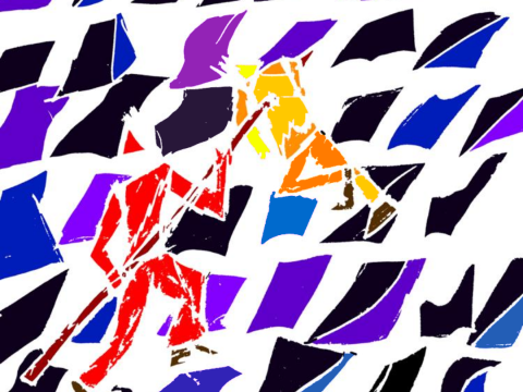 Logo of internationalist society, a red figure (the worker) skewering a yellow figure made up various separate colours (representing various types of reactionaries).