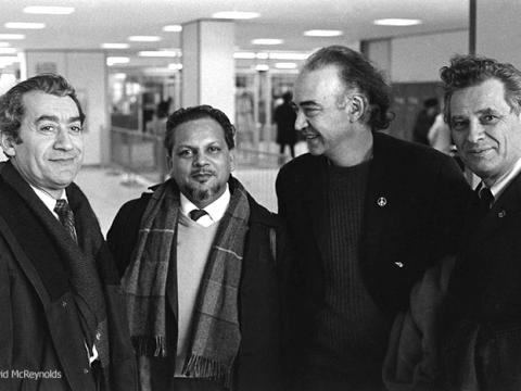 War Resisters’ International Secretary Devi Prasad (second from left) at the end of his 2-month U.S. speaking and meeting tour. Seeing him off are WRL staff member Ralph DiGia, Executive Committee member Igal Roodenko, and WRL Chairperson Eddie Gottlieb. April 1967.