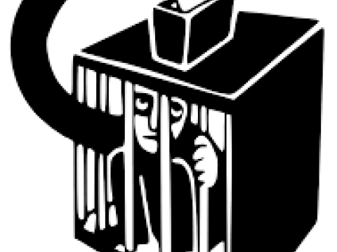 Black and white art image of person in cage casting a ballot.