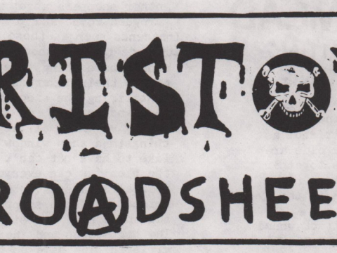 Bristol Broadsheet masthead. The 'o' in Bristol is the Class War skull logo. The 'A' in Broadsheet is circled. 