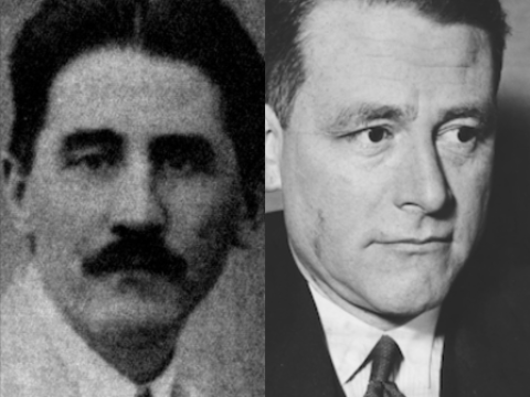 A side-by-side portrait collage with Karl Korsch on the left and Carl Schmitt on the right.