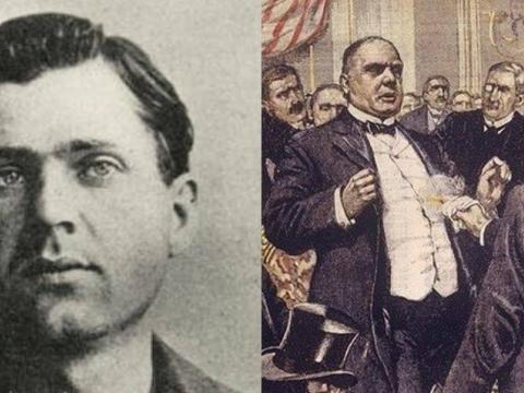 left a photograph of Leon Czolgosz, right an artists recreation of the assassination of president Mckinley