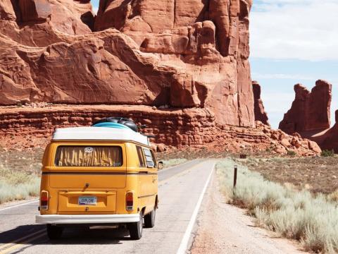 Van on desert road