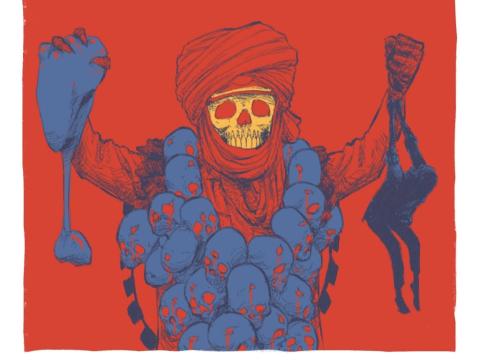 Cartoon depicting a Janjaweed fighter wearing a necklace of skulls.