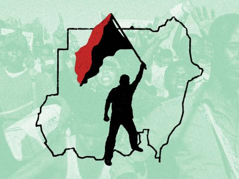 An image created by Black Rose with a mint green background overlaying masses moving forward in a protest overlaid by a graphic of the geographic shape of the country Sudan with a silhouette waving a red and black flag