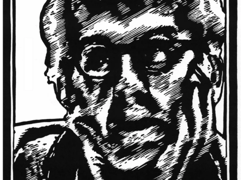 A block print of Joshua Clover created by Adam Ahlgrim of All Grim Prints