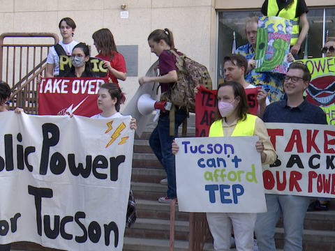 Tucson DSA demonstrating in front of TEP (Tucson Electric Power) building advocating for public ownership of the energy company.