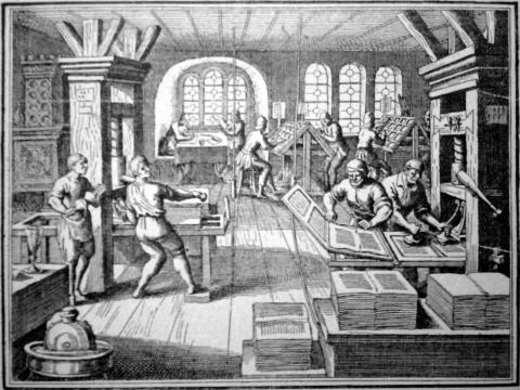 etching of a 16th century printing press