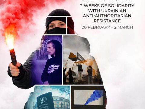 In the body of a person holding a smoke fuse, several pictures are sen, with people black and red flags or blue and yellow. a flag of the makhnovtshina. Written on the picture: Call to action