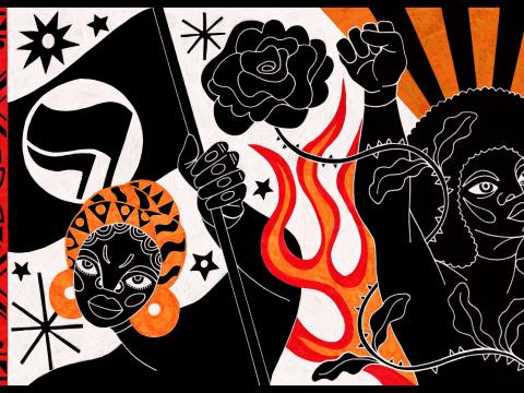 A picture of two people, one holds up a black flag, the other has a raised fist.