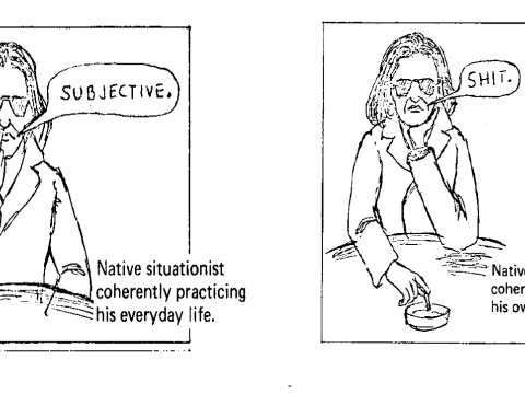 Parody two panel cartoon of a situationist smoking.
