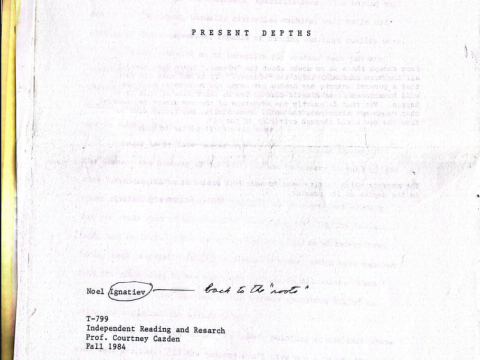 Title page of Ignatiev’s 1984 student paper. With the hand-written annotation “back to the ‘roots,’” Ignatiev is signaling a departure from his long-time pseudonym “Noel Ignatin” to the more ethnically-marked surname assigned to him at birth.