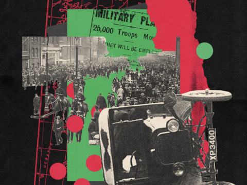ILLUSTRATION OF 1926 GENREAL STRIKE. THERE IS AN OVERTURNED CAR AND PEOPLE IN A CROWD.