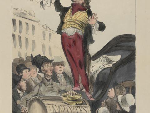 Honoré Daumier. “Plate 7: Ladies and Gentlemen!, from Caricaturana, published in Les Robert Macaires.” 1838. Color lithograph on wove paper.