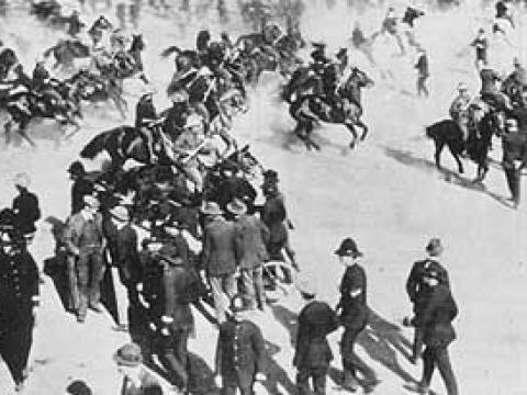 Police disperse a strike meeting, Market Square, Johannesburg, 1913.