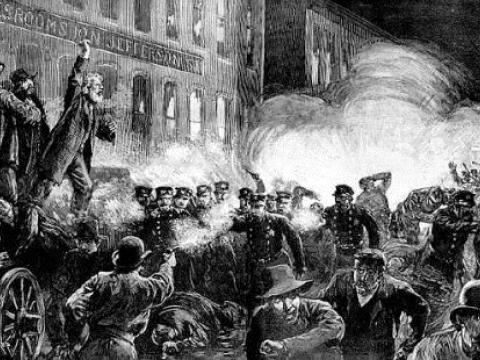 Inaccurate contemporary illustration of the Haymarket events from Harpers 