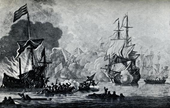 An illustration of a battle with pirate ships