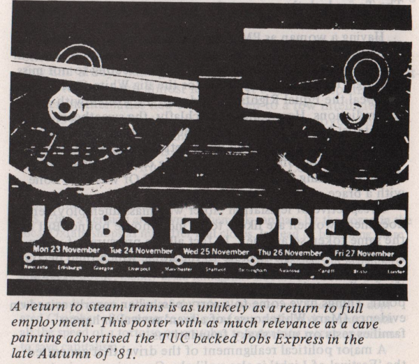 Photo of train wheels with the caption Jobs Express - from TUC poster