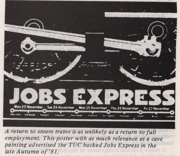 Photo of train wheels with the caption Jobs Express - from TUC poster 