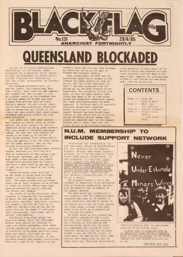 Headlines "Queensland blockaded", "NUM membership to include support network"