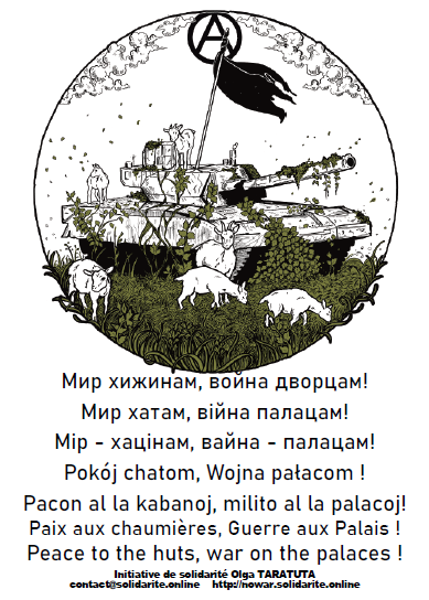 image depicting a tank overgrown by nature, text reads "Peace to the huts, war on the Palaces!" in several languages.