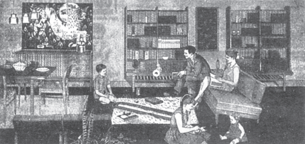 a black and white illustration of a father and son in the living room of a european home