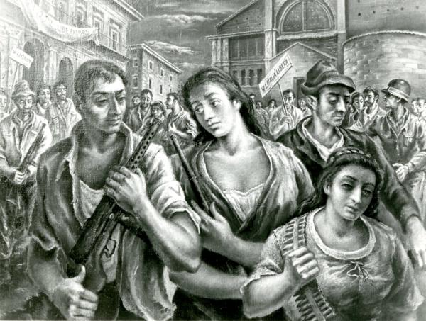 A painting by Harry A. Davis Jr. depicting partisan columns marching thourgh Bologna upon the city's liberation