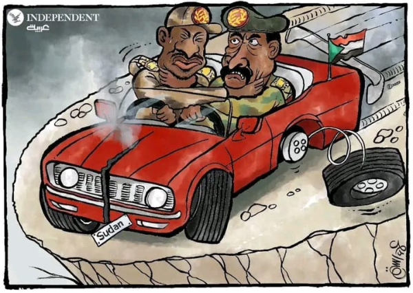 Political cartoon depicting a broken down car with the leaders of the Sudanese Military and the RSF militia fighting over the stearing wheel.