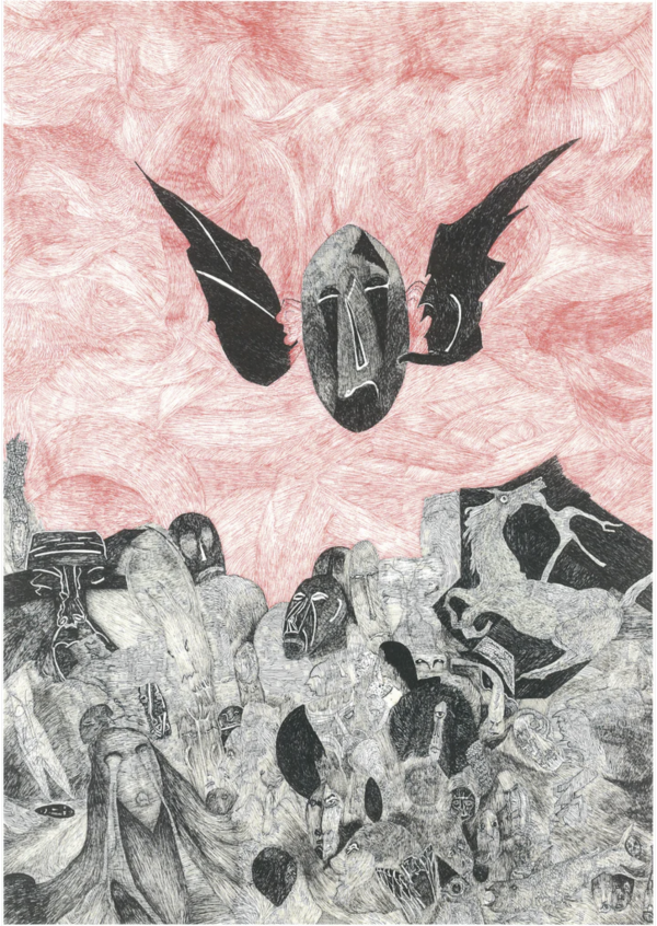 An Abstract image that looks like a pencil sketch shows a winged orb figure descending into a morass of hooded and masked figures gasping for air in a sea of molasses like liquid or webbing. The top background is red pencil while the lower half is grey pencil color. The winged orb also looks like an SnM mask as do some of the masks on the figures below.