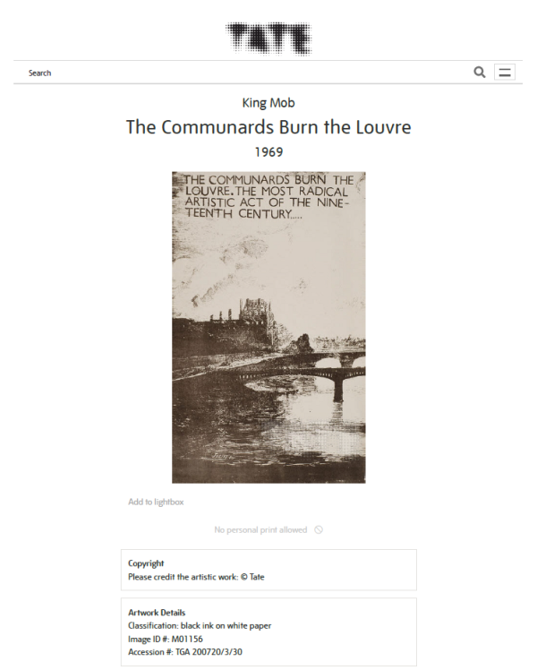 communards burn the louvre artwork by King Mob on Tate website with (c) Tate notice.