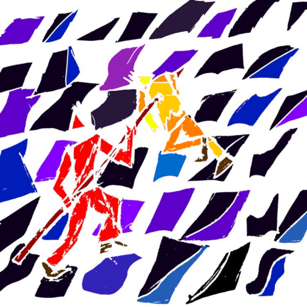 Logo of internationalist society, a red figure (the worker) skewering a yellow figure made up various separate colours (representing various types of reactionaries).