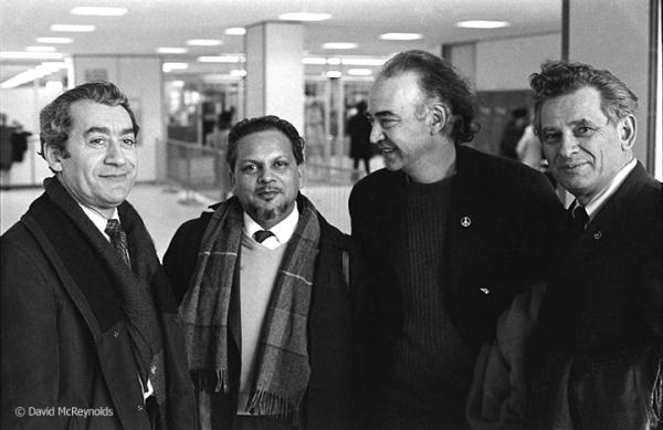 War Resisters’ International Secretary Devi Prasad (second from left) at the end of his 2-month U.S. speaking and meeting tour. Seeing him off are WRL staff member Ralph DiGia, Executive Committee member Igal Roodenko, and WRL Chairperson Eddie Gottlieb. April 1967.
