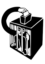 Black and white art image of person in cage casting a ballot.