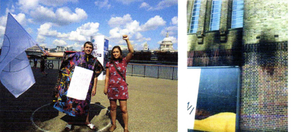 Alexander Art outside Tate Modern / afterburn of molotov cocktail on Tate Modern exterior wall