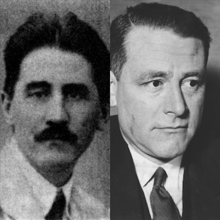 A side-by-side portrait collage with Karl Korsch on the left and Carl Schmitt on the right.