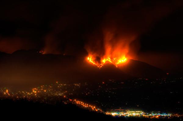 Picture of 2025 LA Fires burning the hills above the city.