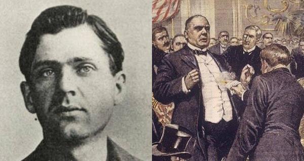 left a photograph of Leon Czolgosz, right an artists recreation of the assassination of president Mckinley