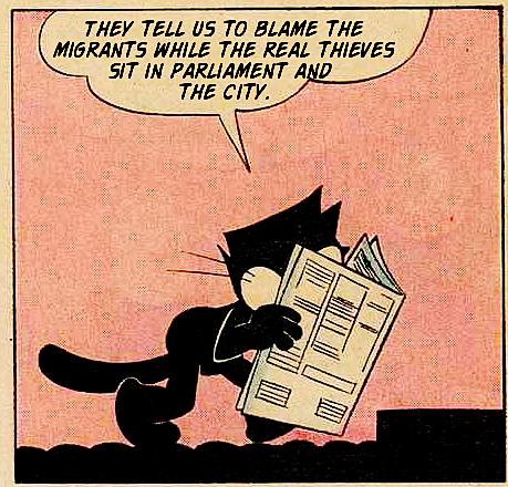 A cat reading a newspaper "they tell us to blame the migrants while the real thieves sit in parliament and the City."