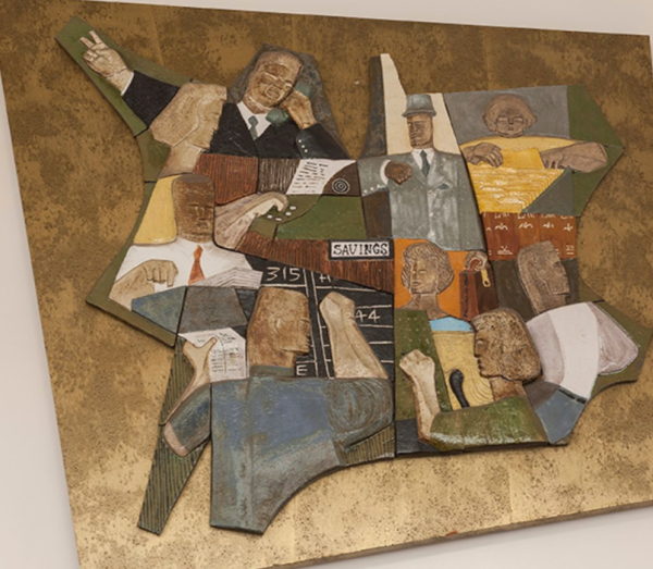 A photo of a section from a ceramic labor mural by Isami Enomoto.