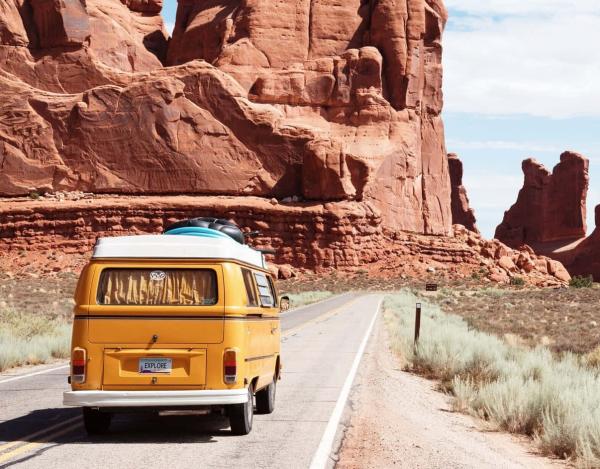 Van on desert road