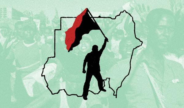An image created by Black Rose with a mint green background overlaying masses moving forward in a protest overlaid by a graphic of the geographic shape of the country Sudan with a silhouette waving a red and black flag