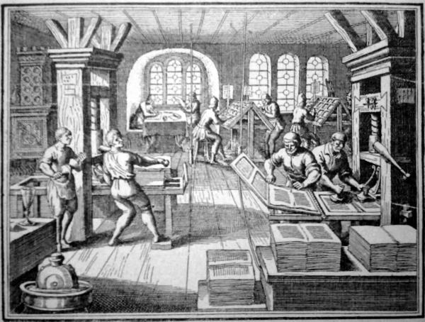etching of a 16th century printing press