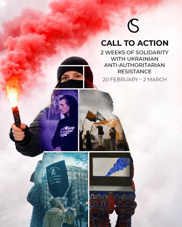 In the body of a person holding a smoke fuse, several pictures are sen, with people black and red flags or blue and yellow. a flag of the makhnovtshina. Written on the picture: Call to action